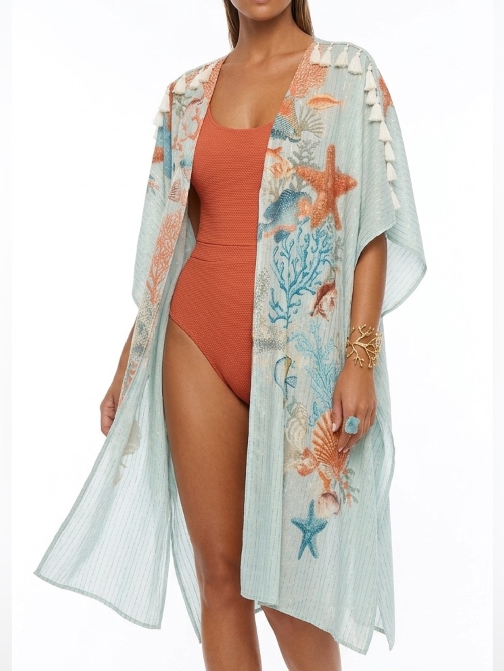 Aratta Silent Journey Under The Sea Gold Fleck Kimono Coverup One Size